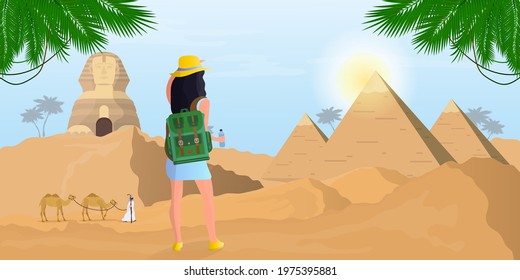 A girl with a backpack looks at the Egyptian Sphinx and the pyramids. Desert. Vector.