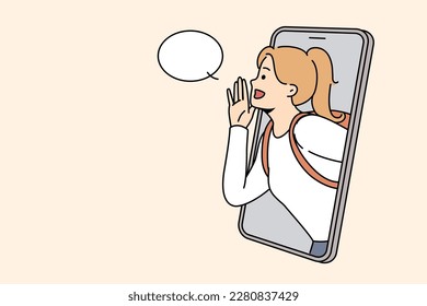 Girl with backpack make hand gesture scram form cellphone screen about good sale deal or promotion. Woman with hands as megaphone make announcement. Vector illustration. 