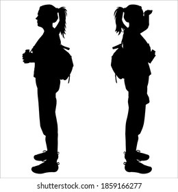 Girl with a backpack on back. Women stand back to each other and look around. Tourist with binoculars in their hands. Ornithologist. Side view, profile. Silhouettes are isolated on a white background.