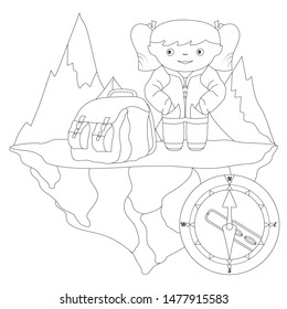 Girl with a backpack on a background of mountains. Mountain tourism. Zenart. Anti-stress coloring.
