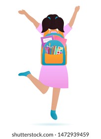 A girl with a backpack on her back is jumping. Back to school concept.
