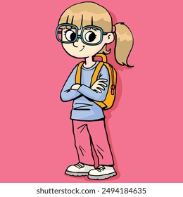 girl with a backpack on her back in pink pants