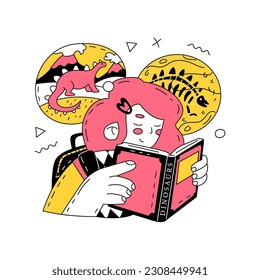 A girl with a backpack reads a book about dinosaurs and imagines pictures from the ancient past of the earth. The concept of gaining knowledge. School, university or college. Vector illustration.