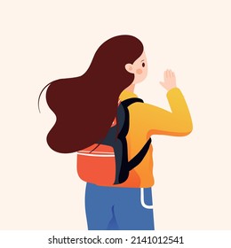 Girl with a backpack ready to travel with mountains and plants in the background, vector illustration