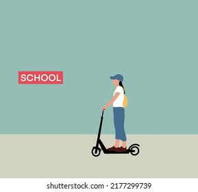 Girl with backpack riding scooter go to school in the city. Child in colorful clothes biking on way to school. Healthy outdoor activity.