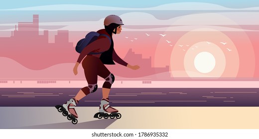 Girl with a backpack is rollerblading along the city embankment. Flat graphic vector illustration.