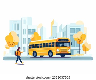 Girl with a backpack, a schoolgirl next to a school bus. Cityscape