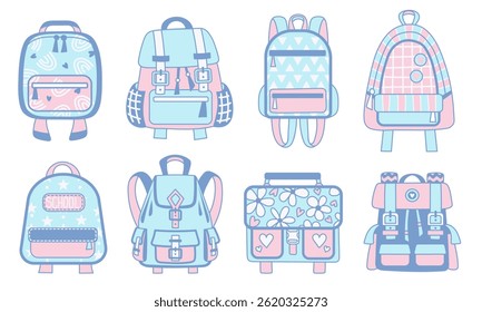 Girl Backpack set. School bag vector illudtrations set. Flat style cute design.