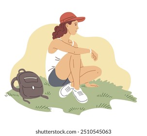 A girl with a backpack sitting on the grass. Hiking tourism. Active lifestyle, relaxation and adventure. Cartoon vector illustration isolated on white background