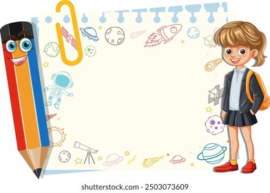 Girl with backpack and space-themed elements
