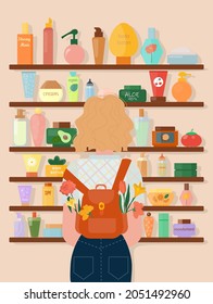 A girl with a backpack stands in front of a rack with various skin care products: creams, lotions, oils, serums. The concept of choosing cosmetics, conscious consumption. Vector beauty illustration.