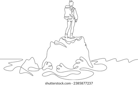 A girl with a backpack stands on a rock. Woman on the seashore, river. A female tourist stands on a large rock in the water. One continuous line drawing. Linear. Hand drawn, white background. One line