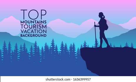 Girl with a backpack and a stick on top.  Climbing on mountain. Vector illustration hiking and climbing team.  Active lifestyle invitation concept background. Flat vector illustration.