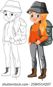 Girl with backpack and stick, ready for adventure