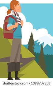 Girl with Backpack in Summer Mountain Landscape, Outdoor Activity, Travel, Camping, Backpacking Trip or Expedition Vector Illustration