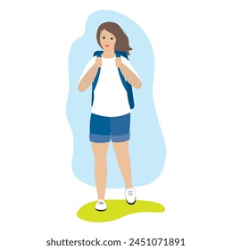 Girl with a backpack in tourist clothes. Young Woman  goes on vacation. Travel concept, flat vector illustration. 