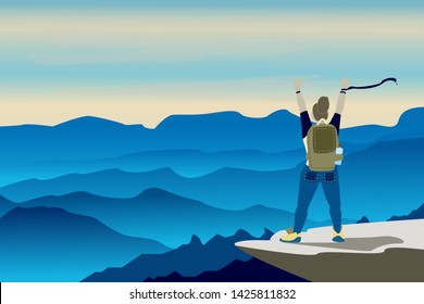 Girl with backpack, traveller standing on top of mountain and view the sunrise landscape. Concept of discovery, exploration, hiking, adventure tourism and travel. Flat vector illustration.