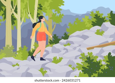 Chica con la mochila caminando en el camino rocoso ilustración vectorial. Destinos fuera de los caminos trillados, senderismo, concepto de actividades de ocio