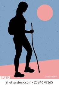 Girl with backpack and walking stick. Vector abstract texture backdrop