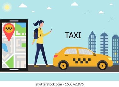 A girl with a backpack walks through the metropolis and calls a taxi using the mobile application. Smartphone with city map and destination. Taxi car, skyscrapers. Flat vector illustration.