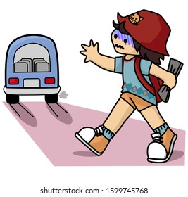 A girl backpacker chases the bus.
