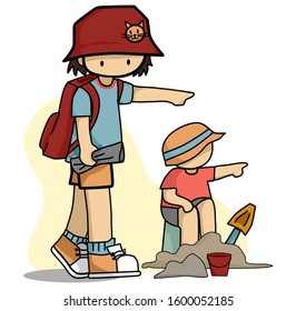 A girl backpacker and a kid pointed to the right direction.