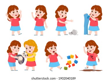 Mala conducta de una chica. Caricatura que amedrenta a los niños llorando, enojados, peleando, burlándose y haciendo el lío. Hermanas peleando por el juguete. Juego de vectores de carácter infantil. Comportamiento enojado chica, niños luchan contra la ilustración