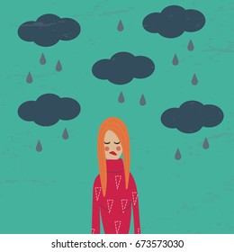 Girl in a bad mood. Cartoon sad girl. Vector illustration.