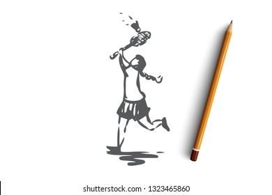 Girl, badminton, racket, game, sport concept. Hand drawn little girl plays badminton concept sketch. Isolated vector illustration.