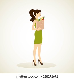 Girl with a bag full of groceries - vector illustrator isolated. Woman shopper.