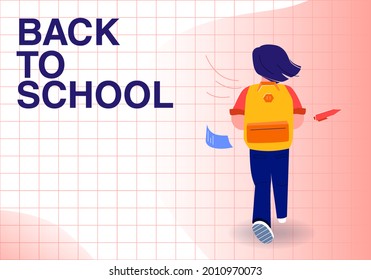 A girl with a bag goes to school. A student goes to study with a backpack. Back to school