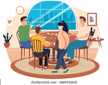 Girl with a bag goes shopping. Friends playing cards at home. Young people with board game spend time together in the apartment. Female character goes to the store. Men are discussing the issue