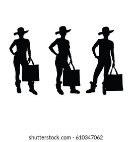 girl with bag and hat silhouette on white