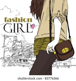 Girl with bag on a city-background. Vector illustrator. Place for your text.