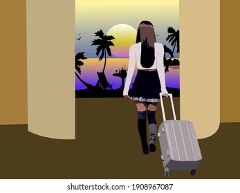 girl with a bag on wheels heading to the coast sea, vector illustration symbolizing travel and vacation
