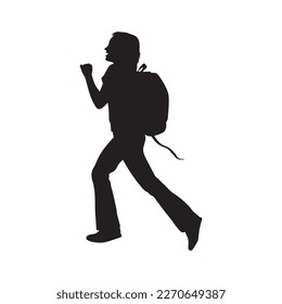 Girl with bag running silhouette white background.