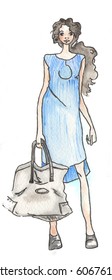 Girl with a bag sketch painted by hands watercolor