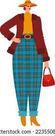 Girl bag stylish, fashionable shoes, trousers side pockets, isolated on white, lady hairstyle, flat style vector illustration.
