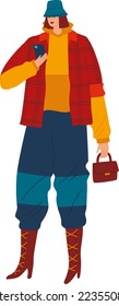 Girl bag stylish, fashionable shoes, trousers side pockets, isolated on white, lady hairstyle, flat style vector illustration.