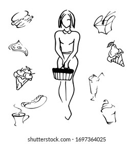 girl with a bag. a woman chooses useful and harmful products. vector illustration of a healthy diet isolated on a white.