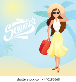Girl with baggage. Vector illustration.
