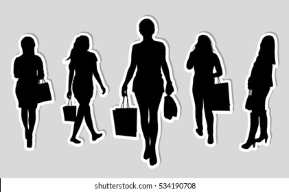 Girl with bags black dynamic sticker silhouette set