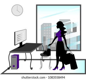 Girl with bags in the office the window