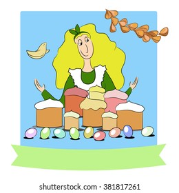 the girl baked a cake and cooked the eggs for the Easter