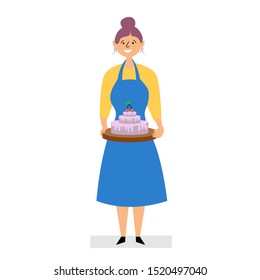 The girl baked a cake at home. Small business baking cakes at home to order. Girl cook smiles. Apron for cooking. Editable vector illustration