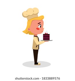 Girl Baker or Confectioner Character with Cake, Side View of Cute Chef Kid in Uniform and Hat Cooking Tasty Dish Cartoon Style Vector Illustratio