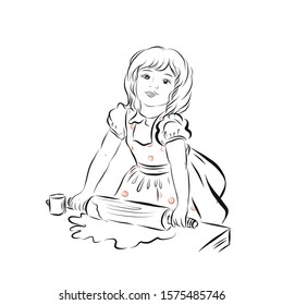 Girl a baker rolls dough on table with wooden rolling pin. Cook girl dressed in apron. Coloring page. 