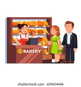 ?ashier girl at bakery checkout counter serving buying customers couple. Woman selling bread to clients. Local small retail business owner working. Flat style vector illustration isolated on white.