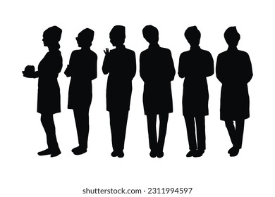 Girl bakery wearing chef uniforms silhouette bundle. Female baker silhouette collection. Bakery women with anonymous faces. Female chef and baker silhouette set vector on a white background.