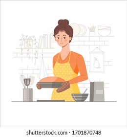 A girl bakes a pie in the kitchen. Minimalistic style. Isolated on a white background.